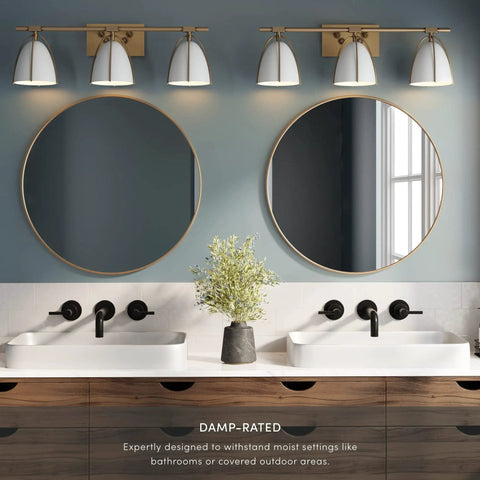 Mid Century Wall Light Fixture With Three Lights Dope Sleek Vintage Brass Vanity Light installed above double vanity mirrors.