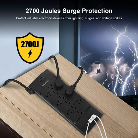Ultimate Home Office Power Strip With USB Ports And 12 Outlets And 4 USB Chargers, 2700 Joules Surge Protection on wooden desk