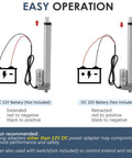Illustration of Beefy 12V DC Electric Stroke Linear Actuator with mounting bracket showing easy operation with battery wiring instructions.
