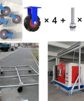 Set Of 2 Heavy Duty Solid Rubber Wheels With Puncture Proof Coating and 360 Degree Swivel for toolboxes and gear haulers, showcasing wheels and a frame.