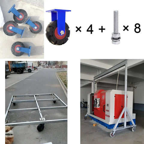 Set Of 2 Heavy Duty Solid Rubber Wheels With Puncture Proof Coating and 360 Degree Swivel for toolboxes and gear haulers, showcasing wheels and a frame.