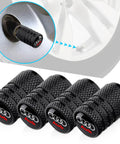 Heavy Duty Aluminum Tire Valve Stem Caps For Audi A3 A4 A5 A6 A7 A8 Q3 Q4 Q5 Q6 Q7 Q8 Black 4 Pack No Tools Needed Easy Install Corrosion Resistant Auto Wheel Caps shown with close-up and installed on wheel.