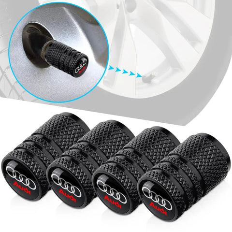 Heavy Duty Aluminum Tire Valve Stem Caps For Audi A3 A4 A5 A6 A7 A8 Q3 Q4 Q5 Q6 Q7 Q8 Black 4 Pack No Tools Needed Easy Install Corrosion Resistant Auto Wheel Caps shown with close-up and installed on wheel.