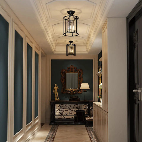 Black Metal Crystal Pendant Light With Adjustable Height, 500 Lumen 60W LED, in elegant hallway setup.