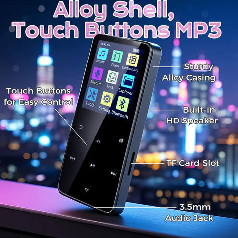 80GB Bluetooth MP3 Player with HiFi sound, touch button controls, alloy shell, HD speaker, in night city background