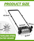 18 Inch Heavy Duty Push Spike Lawn Aerator With Four Wheels Steel Handle Foam Armrests Manual Aerator dimensions displayed