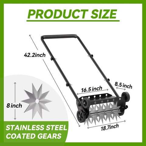18 Inch Heavy Duty Push Spike Lawn Aerator With Four Wheels Steel Handle Foam Armrests Manual Aerator dimensions displayed
