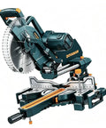 Heavy Duty 10 Inch Dual Bevel Sliding Miter Saw With 15 Amp Motor And Three Carbide Blades For Dead Nuts Precision Cuts Featuring Shadow Line Lighting And Nine Quick Stops For Ripping Through Lumber Like Butter This Weekend, showcasing adjustable base and extended sliding rails.