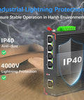 5 Port Industrial Ethernet Switch for DIN Rail Unmanaged IP40 Network Switch With 4 10 100 Mbps Ethernet Ports and 1 Uplink Port 1 Gbps Switching Capacity Rugged Temperature Range Minus Forty to One Hundred Sixty Seven Fahrenheit Built Tough in harsh environment with lightning protection illustration.