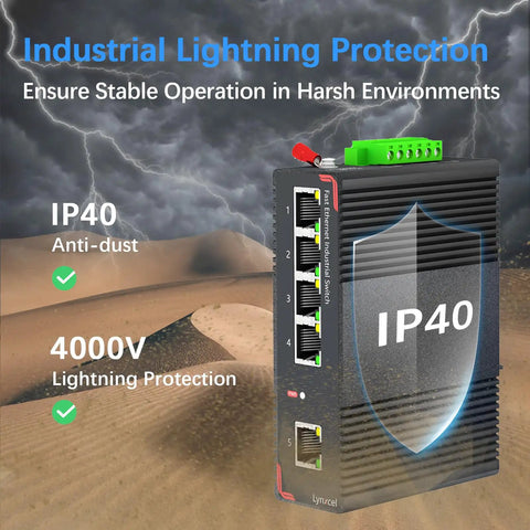 5 Port Industrial Ethernet Switch for DIN Rail Unmanaged IP40 Network Switch With 4 10 100 Mbps Ethernet Ports and 1 Uplink Port 1 Gbps Switching Capacity Rugged Temperature Range Minus Forty to One Hundred Sixty Seven Fahrenheit Built Tough in harsh environment with lightning protection illustration.