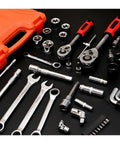 Top Shelf 172 Piece Ratchet Socket Set Chrome Vanadium Steel Mechanic Hand Tool Kit With Secure Plastic Storage Case For Car Repair And Bicycle Maintenance displayed with sockets and wrenches.