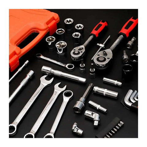 Top Shelf 172 Piece Ratchet Socket Set Chrome Vanadium Steel Mechanic Hand Tool Kit With Secure Plastic Storage Case For Car Repair And Bicycle Maintenance displayed with sockets and wrenches.