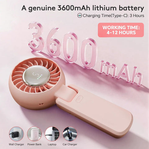3 In 1 Personal Neck Fan And Handheld USB Rechargeable Mini Fan With 5 Speed LED Display, pink fan with 3600mAh battery