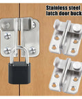 Built Like A Tank Stainless Steel Heavy Duty Door Latch And Security Gate Lock with padlock on wooden door.