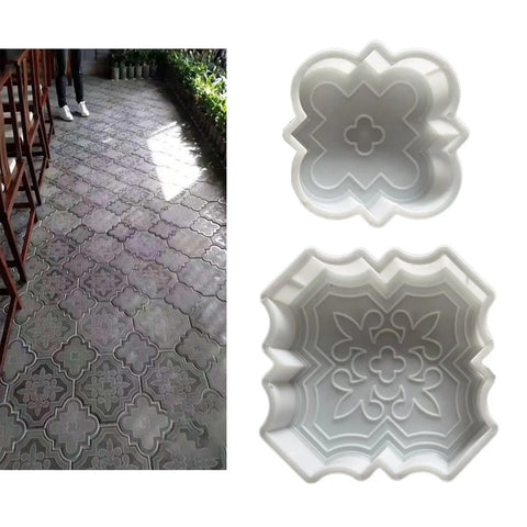 Two Piece Brick Form Concrete Mold Set For DIY Patio Garden Walkway Projects Reusable Lightweight Paver Stone Molds with beveled edges and smooth corners on installed pathway.