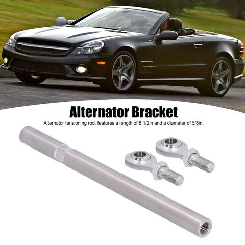 Adjustable Alternator Tension Rod And Bracket For SBC Small Block, Eight And A Half Inch Long, Three Eighths Inch Heim Joint, Center Distance Ten To Twelve Inches, Twelve Inch Tension Rod, No Fuss Fit For Chevy, stainless tension rod and Heim joints