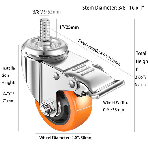 Heavy Duty Stem Casters Swivel Wheel Set With Dual Locking Brakes Precision Thread Two Inch Diameter close-up with dimensions.