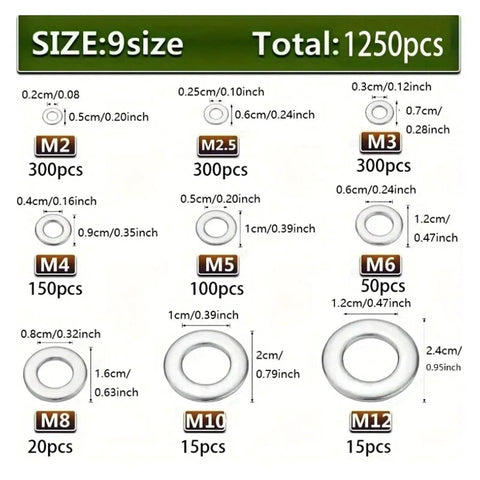 Heavy Duty Stainless Steel Flat Washer Set 1250 Pieces Assortment Kit With Sizes M2 Through M12 For Home Shop Auto And Outdoor Repairs A Workhorse For Everyday Fixes Built To Last. size chart