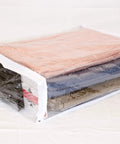 Set Of Ten Clear Vinyl Zippered Storage Bags In 11 By 15 By 4 Inches Durable 4 Mil See Through Organizer Bags with folded clothes.