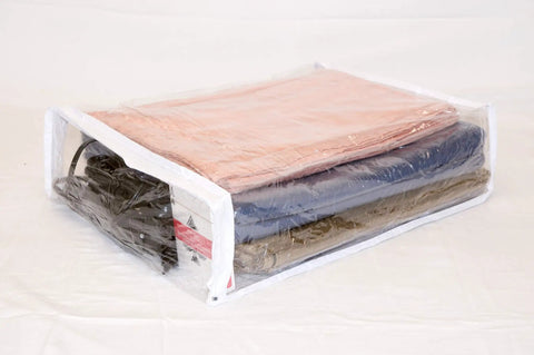 Set Of Ten Clear Vinyl Zippered Storage Bags In 11 By 15 By 4 Inches Durable 4 Mil See Through Organizer Bags with folded clothes.