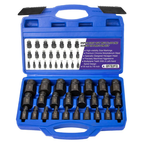 Heavy Duty Screw Extractor Set For Damaged Screws And Stripped Bolts 25 Piece CR MO MultiSpline EZ Out Style Remover