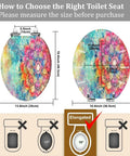 Elongated Toilet Seat for Bathroom, colorful design, measures 19.4" x 14.4", guide for sizing and fitting.