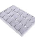 Large Grey Velvet Jewelry Tray With 18 Grid Dividers For Necklace And Watch Storage Soft Lined Organizer Dish is displayed.