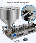Slick Horizontal Pneumatic Bottle Filler And Liquid Paste Filling Machine With Straight Up Reliable Operation, 40L Hopper Size, Stainless Steel Frame, And Hella Accurate Dosing For Lotions Shampoos Honey And Massage Oils, features a large stainless steel hopper.