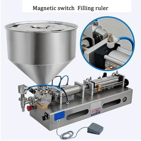 Slick Horizontal Pneumatic Bottle Filler And Liquid Paste Filling Machine With Straight Up Reliable Operation, 40L Hopper Size, Stainless Steel Frame, And Hella Accurate Dosing For Lotions Shampoos Honey And Massage Oils, features a large stainless steel hopper.