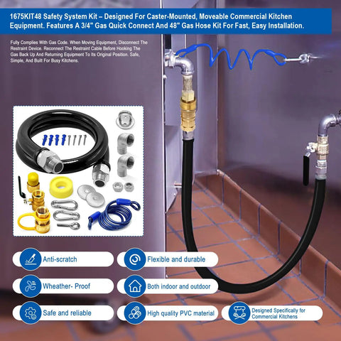 48 Inch Gas Hose Kit With Quick Disconnects And Three Quarter Inch Fittings, 2 Elbows, Gas Flex Line And Valve in kitchen setup