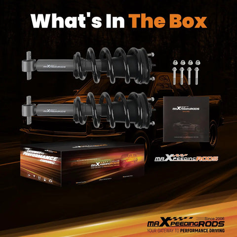 Top Shelf Front Leveling Struts For Chevrolet Silverado And Gmc Sierra 1500 Trucks 2014 2018 displayed in box with installation hardware.