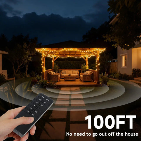 Heavy Duty Outdoor Dimmer For String Lights Featuring Extra Dope Remote Control And Reliable Timer Waterproof Switch For Patio Setup And Dimmable Led Bulbs in a backyard gazebo at night with lights.