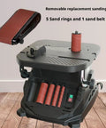 450W Electric Oscillating Spindle Sander And Belt Sander Combo With Five Heavy Duty Sanding Sleeves, removable belt, and five sand rings.