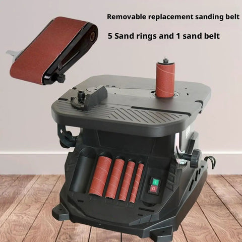 450W Electric Oscillating Spindle Sander And Belt Sander Combo With Five Heavy Duty Sanding Sleeves, removable belt, and five sand rings.