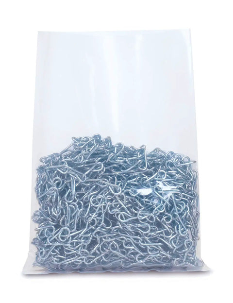 Heavy Duty Clear Plastic Poly Bags 48x60 Open Top For Storage Packaging Party Favors Gifts And More 6 Mil Puncture Resistant Bags For Parts Tools And DIY Projects Case Of 25, filled with metal clips