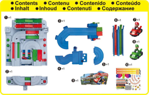 Box contents of Mario Kart Racing Deluxe Obstacle Course Set With Dual Lane Track And Lap Counter Includes Mario And Luigi Kart Figures