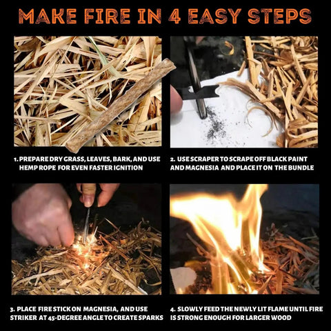 Go-To Survival Fire Starter Kit With Flint And Steel 4 Inch Magnesium Ferro Rod Waxed Hemp Rope Waterproof step-by-step guide