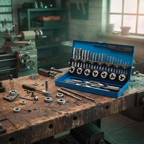 Ultimate Hand Thread Cutting Tap And Die Repair Kit For Bolts Nuts Make Fastener Jobs A Breeze With Alloy Steel Build Perfect For Shop Garage Vibes, blue case open on workbench
