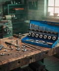 Pro Metric Thread Cutting Taps And Die Set With Wrenches For Garage Repair And Workshop Jobs Heavy Duty Alloy Steel Tools open on workbench