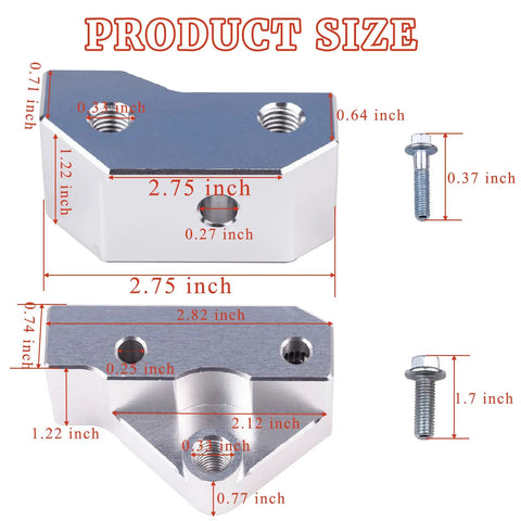 Knock Sensor Relocation Bracket Kit Fits 1997-2007 GM Gen III LS V8 Engines Including LS1 LS6 LSx LM7 LR4 LQ4 LQ9 LM4 L33 With Left Driver Side Bracket Right Passenger Side Bracket And Mounting Bolts Bolt-On Ready, showing size specifications of aluminum brackets and bolts.