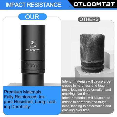 Comparison of impact resistance between the "Beefy Heavy Duty 14 Piece Half Inch Impact Socket Set With Deep Sockets Industrial Grade Chrome Vanadium High Torque Includes Drill Socket Adapter Built For Tough Auto And Mechanic Jobs" and an inferior socket.