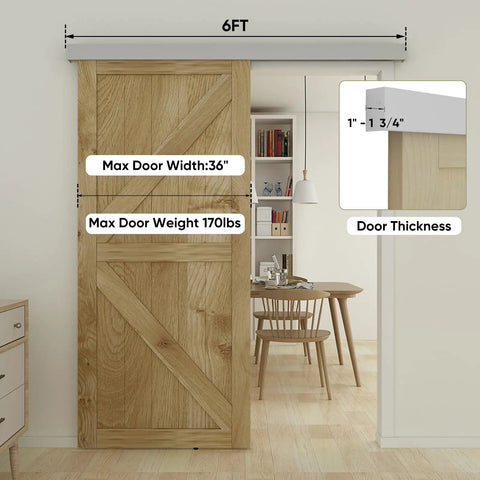 Installed 6Ft Barn Door Sliding Hardware Kit Aluminum Alloy Box Rail Track for interior wooden door, max width 36 inches.