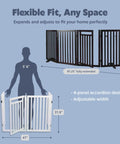 Diagram showing Freestanding 4 Panel Pet Gate With Walk Through Door Adjustable Indoor Dog Barrier Fence Extends From 40 To 81 Inches 31.5 Inches Tall in brown with dimensions.