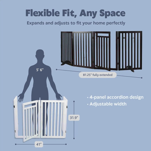 Diagram showing Freestanding 4 Panel Pet Gate With Walk Through Door Adjustable Indoor Dog Barrier Fence Extends From 40 To 81 Inches 31.5 Inches Tall in brown with dimensions.