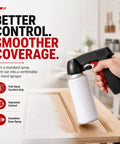 Ergonomic Spray Paint Trigger Handle Two Pack Relieves Hand Fatigue With Comfortable Pump Style Gripper For Standard Aerosol Cans in use painting a wooden surface.