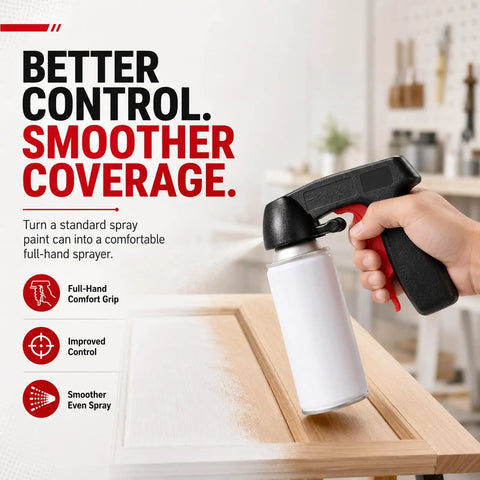 Ergonomic Spray Paint Trigger Handle Two Pack Relieves Hand Fatigue With Comfortable Pump Style Gripper For Standard Aerosol Cans in use painting a wooden surface.