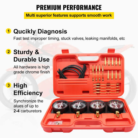 Fuel Vacuum Carburetor Synchronizer Tool Kit With 2 Inch Gauge Set And Rubber Hose For Motorcycle Tuning Carb Sync Gauge With Readouts From 0 To 76 cm Hg Shutoff Valve Chrome Finish Easy Spark Misfire Troubleshooting And Engine Performance, red case with gauges and brass fittings