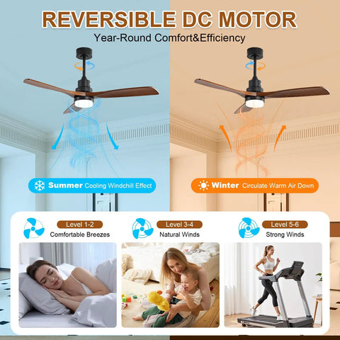 52 Inch Solid Wood Ceiling Fan With Remote And Dimmable Light, 6 Speed Quiet DC Motor, Reversible for Summer and Winter