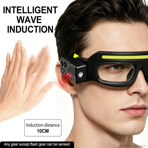 Badass Rechargeable LED Safety Glasses With Dual LED Spot And Flood Lights Five Bright Lighting Modes For Camping Hiking And Night Shift Work gear shown with intelligent wave induction feature.