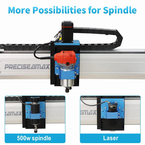 Straight Up Heavy Duty CNC Router Machine With Closed Loop Stepper Motor For Smooth Metal Engraving And Precision Wood Milling Delivering Pro Grade Results Without Any Mess Around showing spindle options and components.